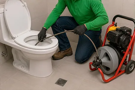 Técnico realizando desentupimento de vaso sanitário com máquina profissional em banheiro residencial.