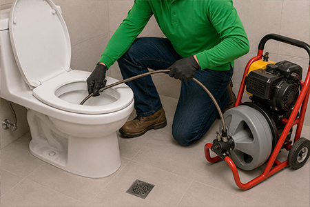 Técnico realizando desentupimento de vaso sanitário com máquina profissional em banheiro residencial.